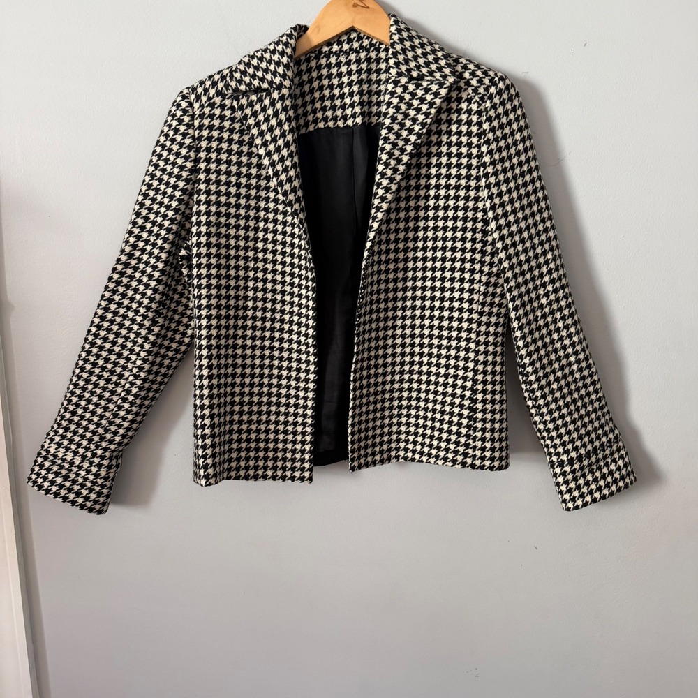 Vintage Houndstooth Women Classic Sz 6 Wool Blazer Jacket Black White Old Money